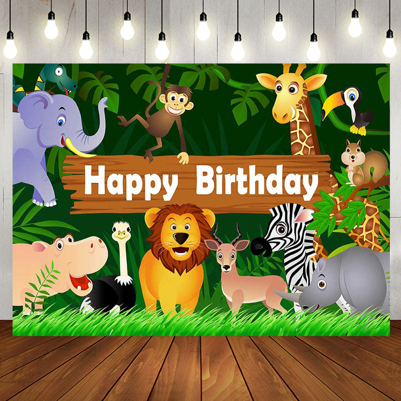 Aperturee - Wild Animals Green Leaves Birthday Backdrop For Boy