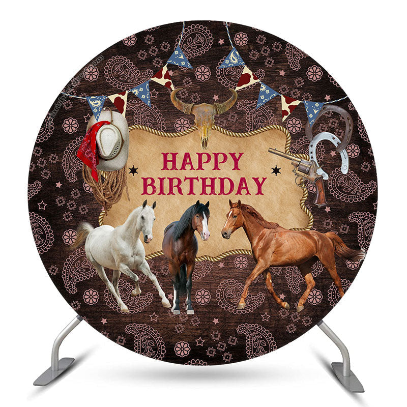 Aperturee Wild Horse West Cowboy Happy Birthday Round Backdrop