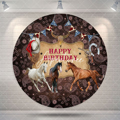 Aperturee Wild Horse West Cowboy Happy Birthday Round Backdrop