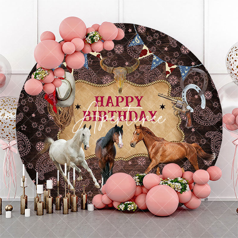 Aperturee Wild Horse West Cowboy Happy Birthday Round Backdrop