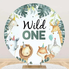 Aperturee - Wild One Animals Green Leaves Round Birthday Backdrop