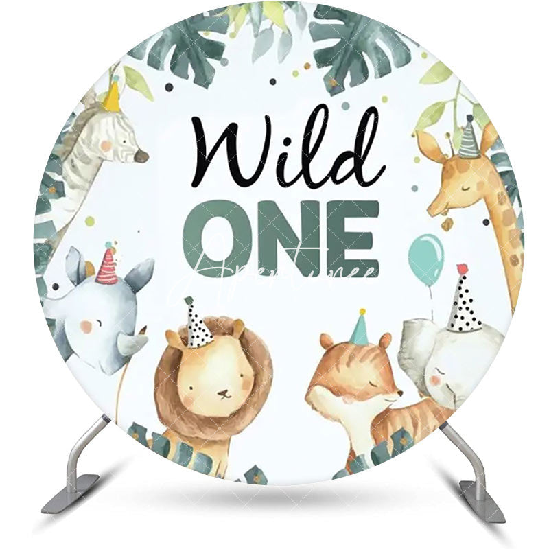 Aperturee - Wild One Animals Green Leaves Round Birthday Backdrop