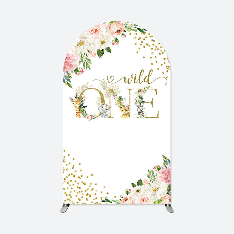 Aperturee - Wild One Gold Floral Birthday Double Arch Backdrop