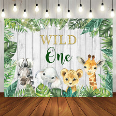 Aperturee - Wild One Jungle Animals Green Leavs Birthday Backdrop for Kids