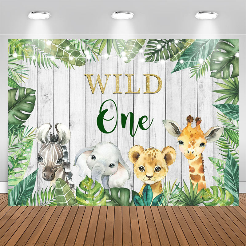 Aperturee - Wild One Jungle Animals Green Leavs Birthday Backdrop for Kids