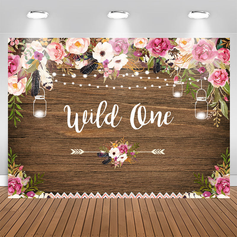 Aperturee - Wild one Pink and White Floral Wooden Birthday Backdrop