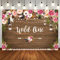 Aperturee - Wild one Pink and White Floral Wooden Birthday Backdrop