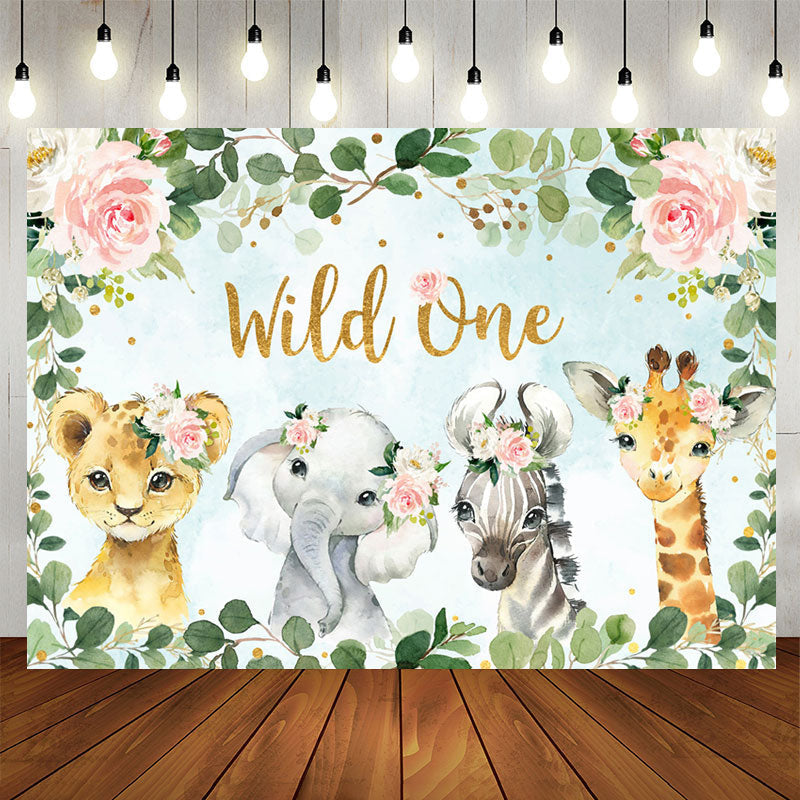 Aperturee - Wild One Pink Floral Animals 1st Birthday Backdrop