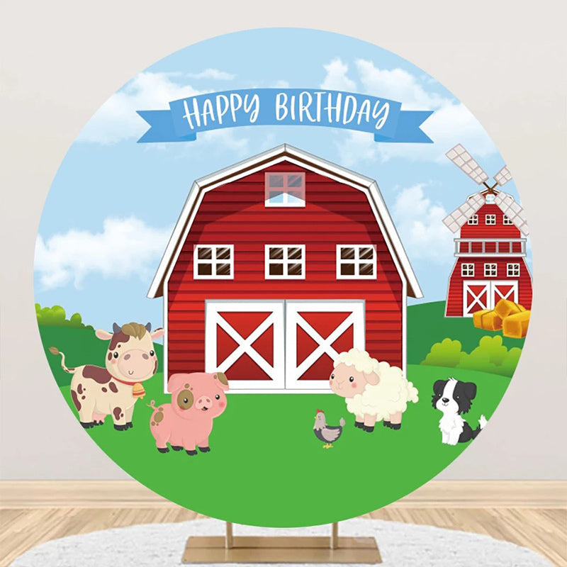 Aperturee - Windmill Barn Animals Grass Round Birthday Backdrop