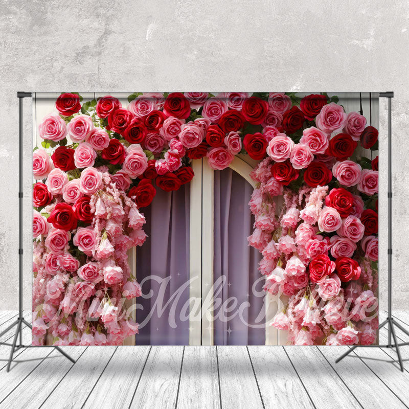 Aperturee - Window Purple Curtain Red Pink Rose Photo Backdrop