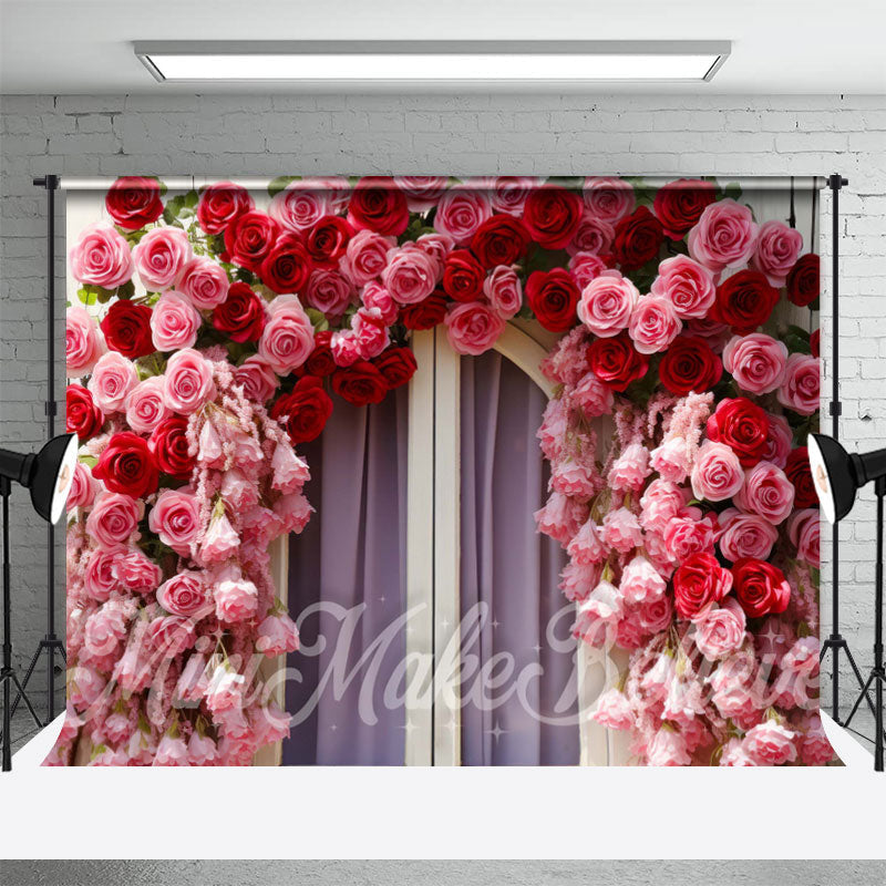 Aperturee - Window Purple Curtain Red Pink Rose Photo Backdrop