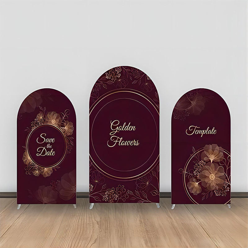 Aperturee - Wine Red Golden Line Floral Leaves Arch Backdrop Kit