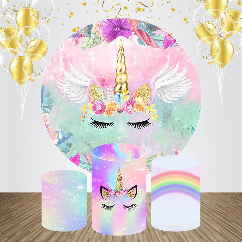 Aperturee - Wing Floral Unicorn Circle Backdrop Kit For Birthday