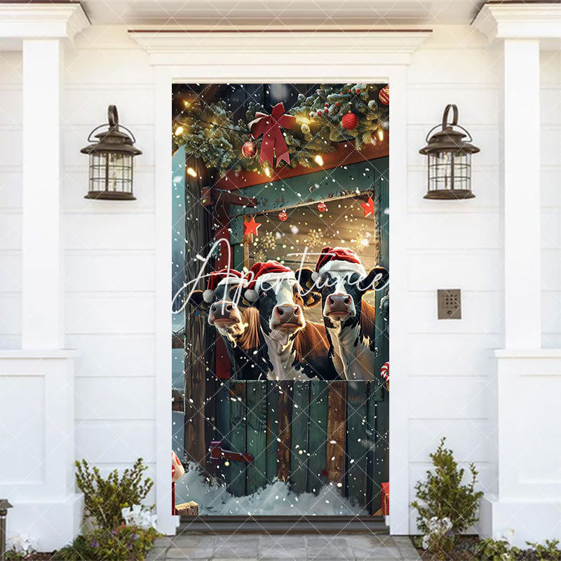 Aperturee - Winter Cows Red Green Bullpen Christmas Door Cover