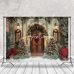 Aperturee - Winter Green Wall Brown Door Christmas Photo Backdrop