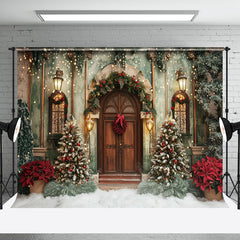 Aperturee - Winter Green Wall Brown Door Christmas Photo Backdrop