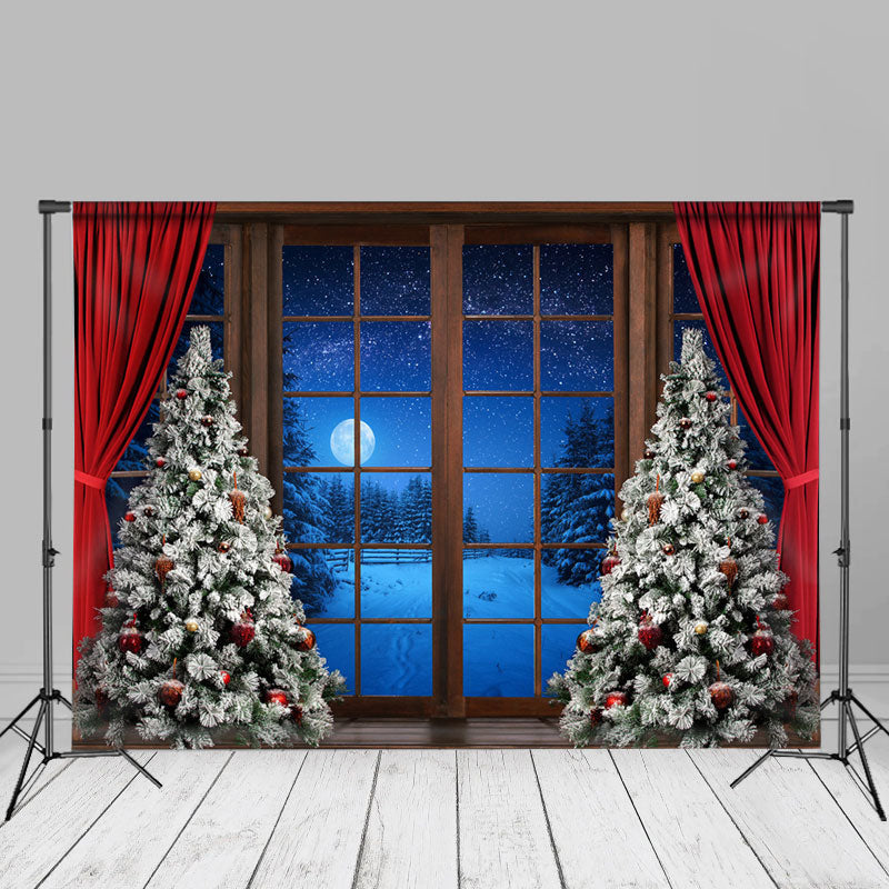 Aperturee - Winter Night Christmas Tree Window Curtain Backdrop