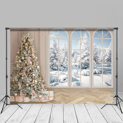 Aperturee - Winter Pink Decored Christmas Tree Window Floor Backdrop