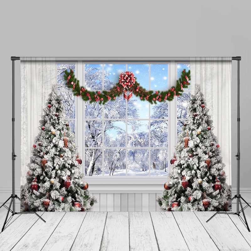 Aperturee - Winter Scene Christmas Tree White Window Backdrop