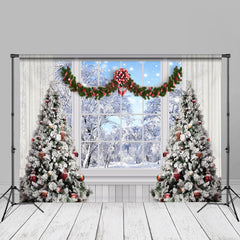 Aperturee - Winter Scene Christmas Tree White Window Backdrop