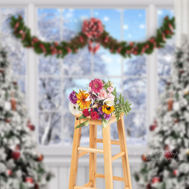 Aperturee - Winter Scene Christmas Tree White Window Backdrop