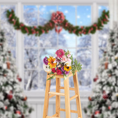 Aperturee - Winter Scene Christmas Tree White Window Backdrop