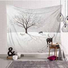 Aperturee - Winter Snow Elk Christmas Landscape Fairytale Wall Tapestry