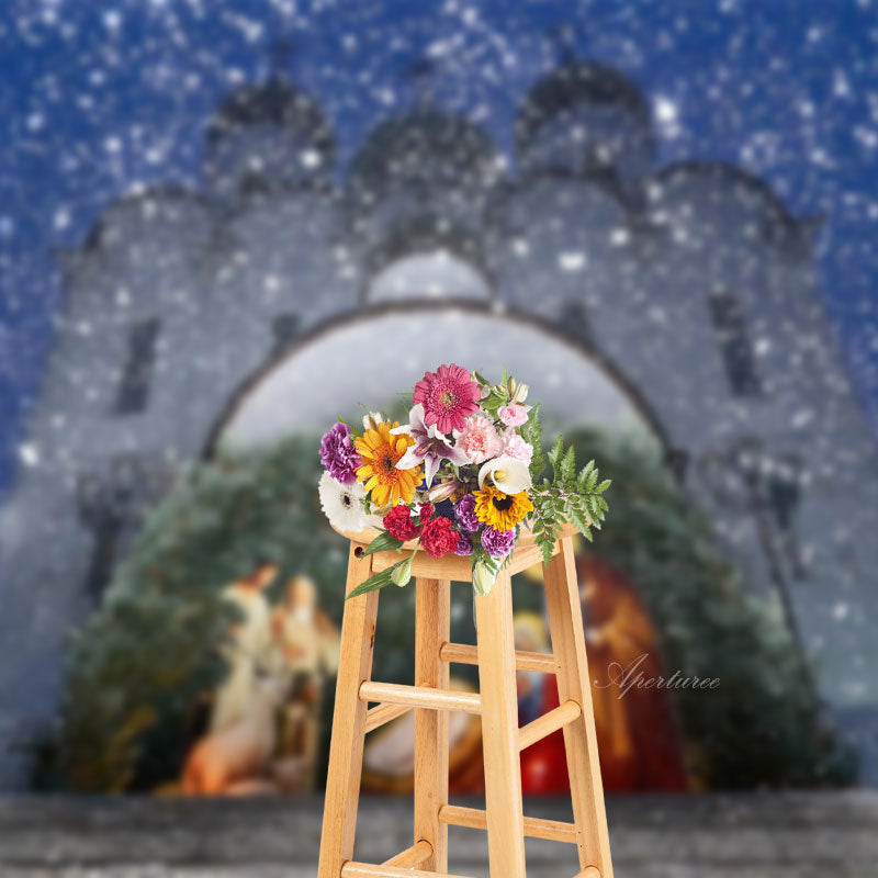 Aperturee - Winter Snow Night Nativity Photo Christmas Backdrop