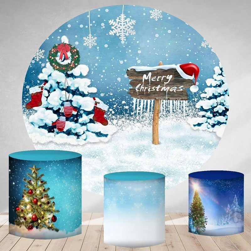 Aperturee Winter Snow Scecery Round Merry Chrismas Backdrop Kit