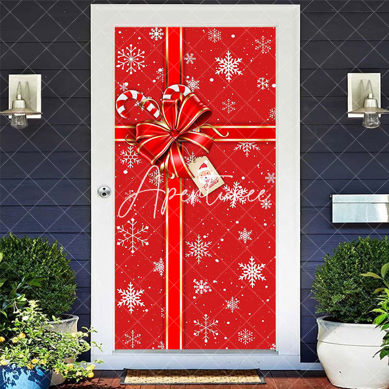 Aperturee - Winter Snowy Red Bow Tie Gift Christmas Door Cover