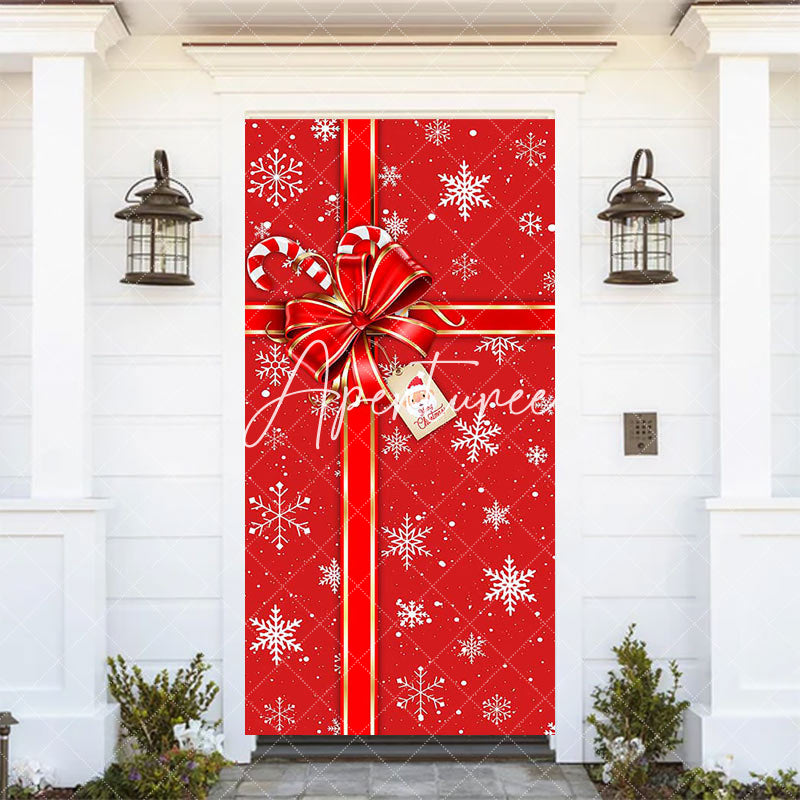 Aperturee - Winter Snowy Red Bow Tie Gift Christmas Door Cover