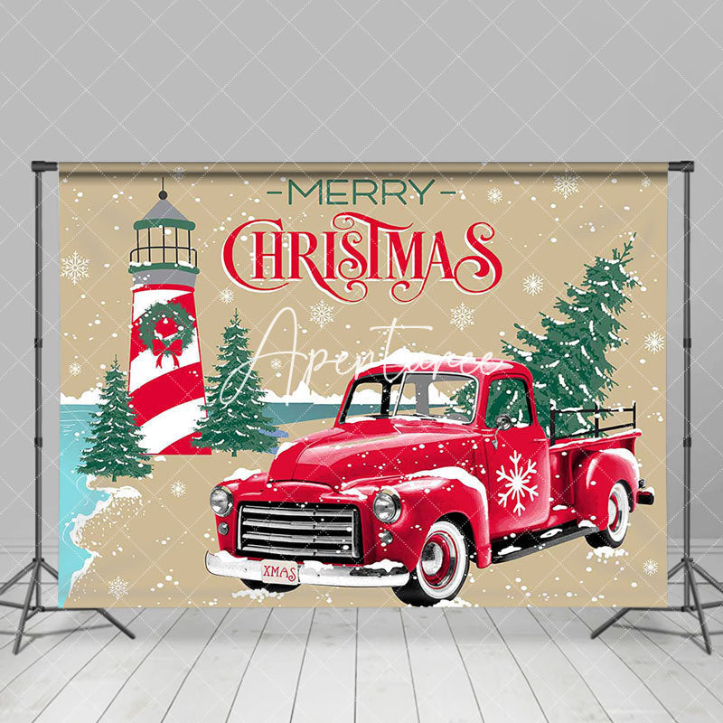 Aperturee - Winter Snowy Trees Red Car Merry Christmas Backdrop