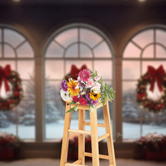 Aperturee - Winter Window Christmas Wreath Bowknot Photo Backdrop