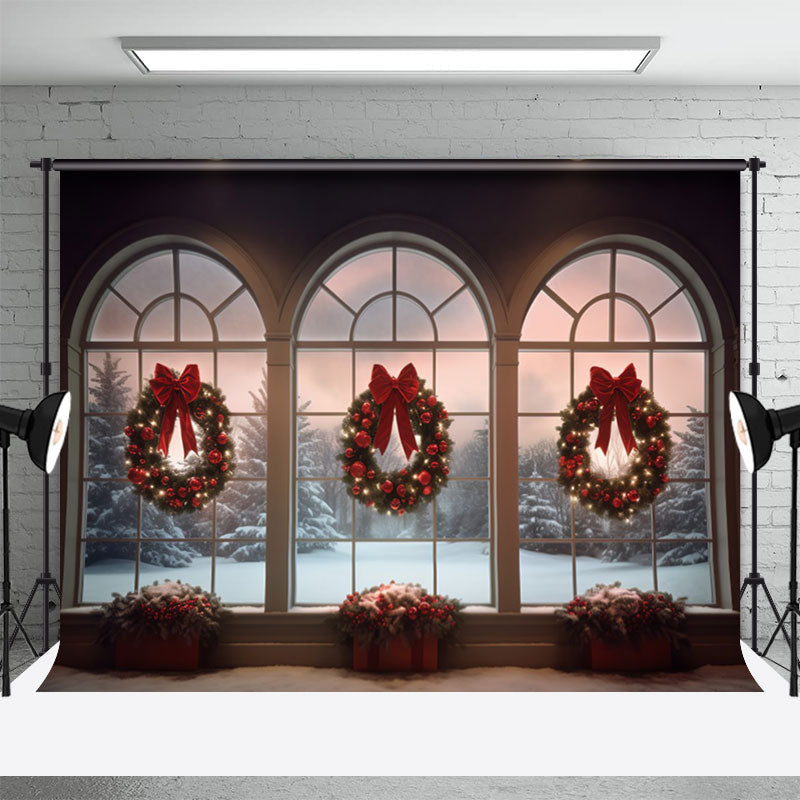 Aperturee - Winter Window Christmas Wreath Bowknot Photo Backdrop