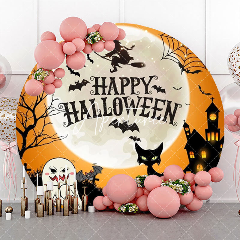 Aperturee - Witch Ghost Pumpkins Moon Round Halloween Backdrop