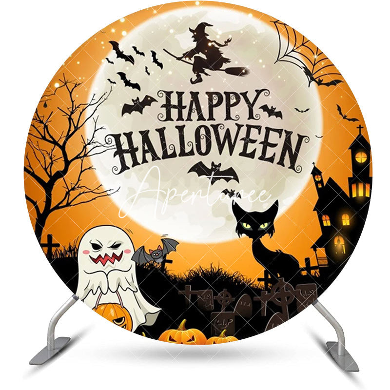 Aperturee - Witch Ghost Pumpkins Moon Round Halloween Backdrop