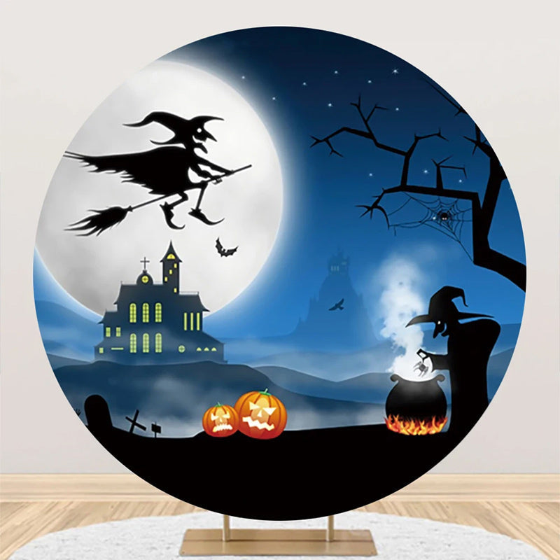 Aperturee - Witch Moon Night Castle Round Halloween Backdrop