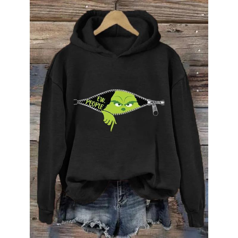 Aperturee - Women’s Ew People Christmas Print Hooded Sweatshirt