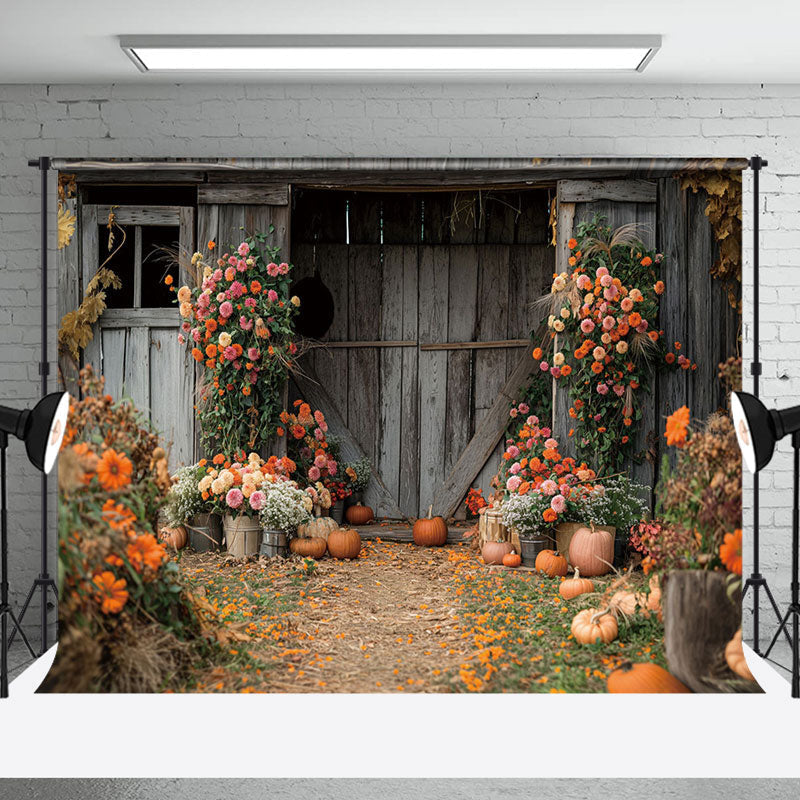 Aperturee - Wood Barn Door Floral Pumpkins Autumn Photo Backdrop