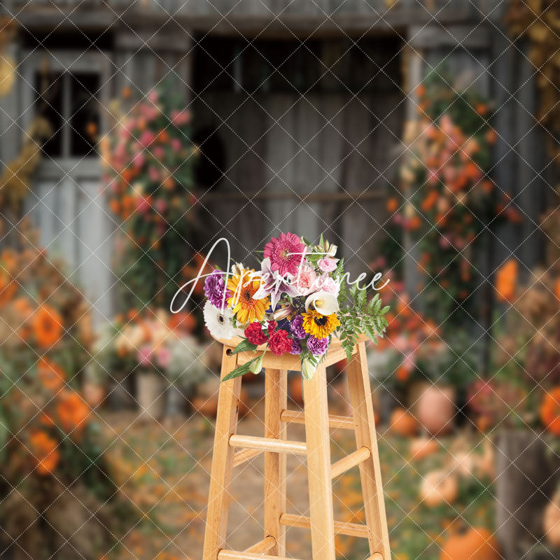 Aperturee - Wood Barn Door Floral Pumpkins Autumn Photo Backdrop