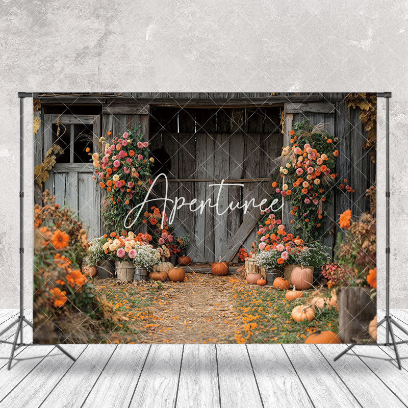 Aperturee - Wood Barn Door Floral Pumpkins Autumn Photo Backdrop