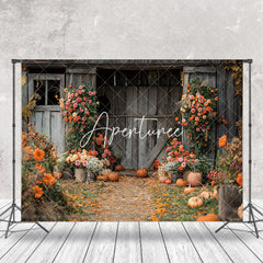 Aperturee - Wood Barn Door Floral Pumpkins Autumn Photo Backdrop