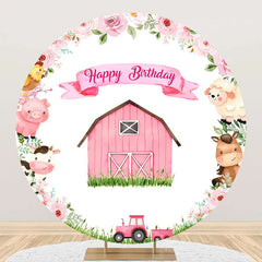 Aperturee - Wood Barn Grass Animal Truck Round Birthday Backdrop