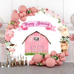 Aperturee - Wood Barn Grass Animal Truck Round Birthday Backdrop