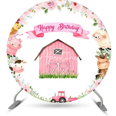 Aperturee - Wood Barn Grass Animal Truck Round Birthday Backdrop