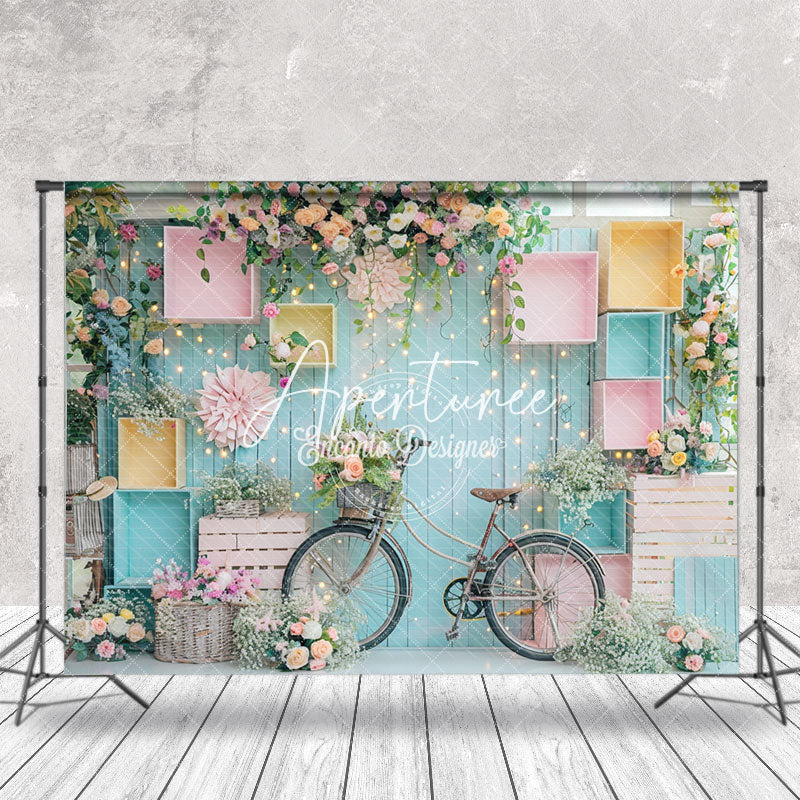 Aperturee - Wood Blue Wall Floral Bike Cake Smash Photo Backdrop