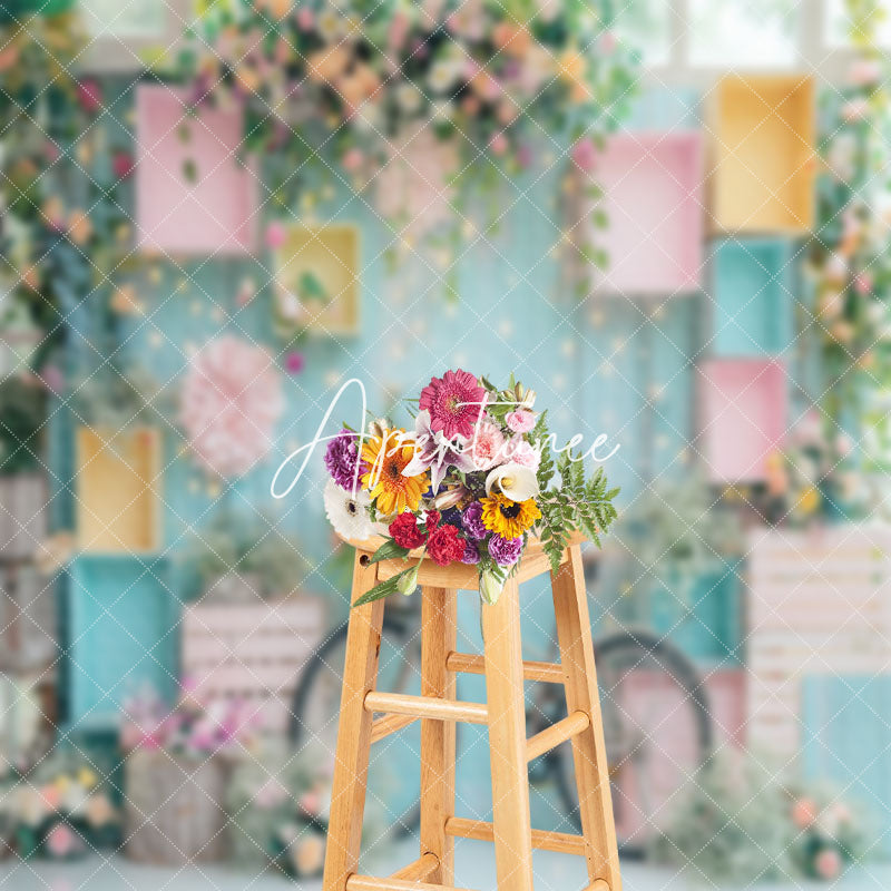 Aperturee - Wood Blue Wall Floral Bike Cake Smash Photo Backdrop