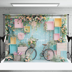 Aperturee - Wood Blue Wall Floral Bike Cake Smash Photo Backdrop