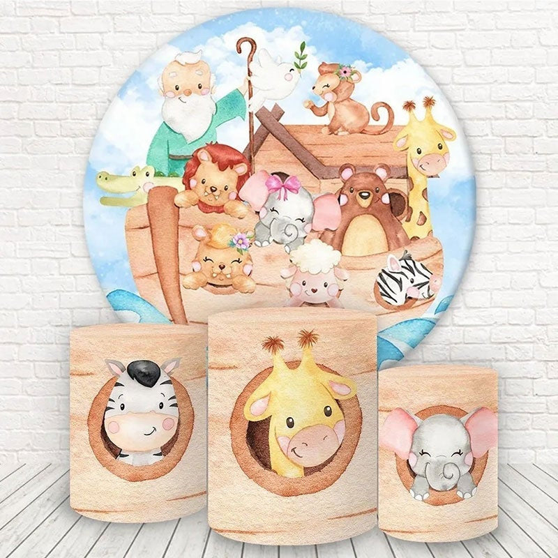 Aperturee Wood Boat And Cute Animals Round Birthday Backdrop Kit