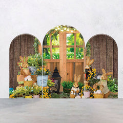 Aperturee - Wood Brown Door Egg Bunny Easter Arch Backdrop Kit